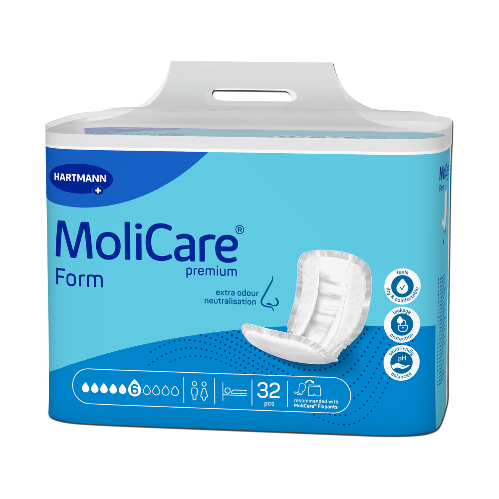 A pack of 32 Hartmann MoliCare® Premium Form incontinence pads for adults by Paul Hartmann AG with symbols for odor neutralization and skin-friendly properties. The pack is blue and white and has a carrying handle.