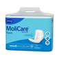 A pack of 32 Hartmann MoliCare® Premium Form incontinence pads for adults by Paul Hartmann AG with symbols for odor neutralization and skin-friendly properties. The pack is blue and white and has a carrying handle.