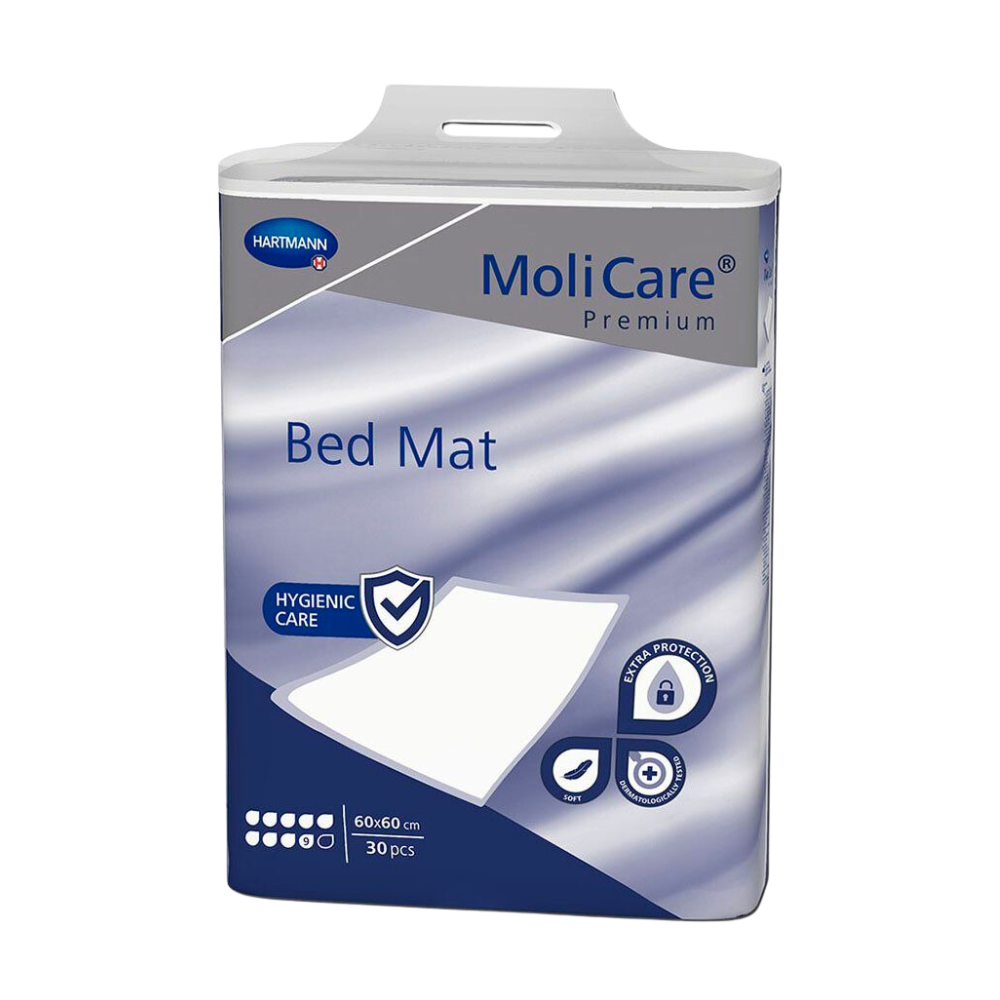 Eine Packung MoliCare® Premium Bed Mat 9 Tropfen, die die Eigenschaften des Produkts wie Hygienepflege und Schutz hervorhebt. Die Schachtel ist blau und weiß mit Bildern und Text darauf. Diese Matten enthalten einen Saugnapf