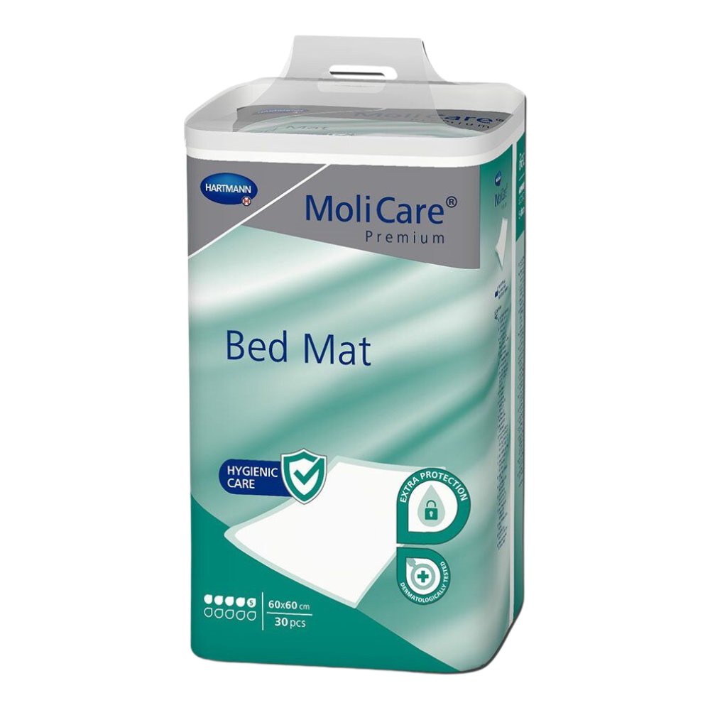 Eine Packung MoliCare® Premium Bed Mat Bettschutzunterlage 5 Tropfen der Paul Hartmann AG. Die Schachtel ist grün und weiß, trägt den Produktnamen und den Hinweis, dass sie 30 Stück enthält, und betont damit die hygienische Pflege und den Bettschutz.