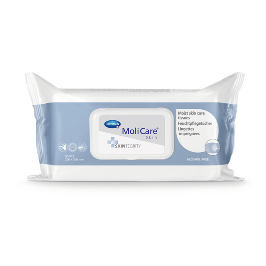 Packung MoliCare® Skin Feuchtpflegetücher der Paul Hartmann AG in einer weiß-blauen Verpackung, gekennzeichnet als „feuchte Hautpflegetücher“, alkoholfrei, im Format 20x
