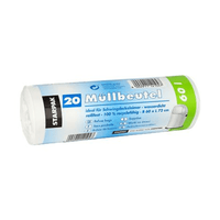 One roll of Starpak trash bags contains 20 white, waterproof, and tear-resistant bags. They measure 60 x 72 cm, have a capacity of up to 60 liters, and are made from 100% recyclable materials. The packaging is blue and green.