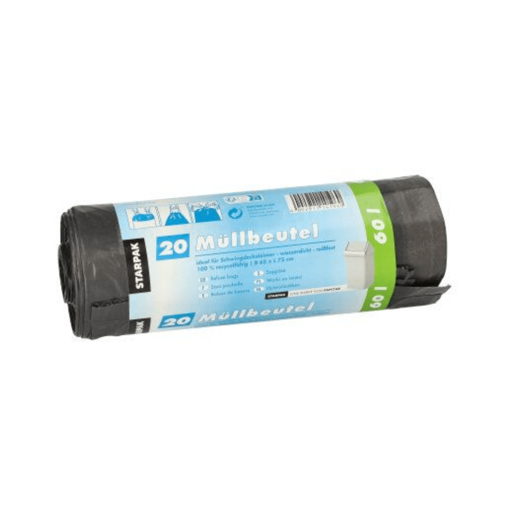 A roll of gray garbage bags labeled with the brand name "Starpak." The packaging is labeled in German and indicates that it contains 20 bags, each with a capacity of 60 liters. Illustrations provide handling instructions.