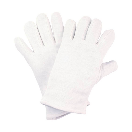 Ein Paar NITRAS Baumwoll-Trikot-Handschuhe, weiß, gebleicht, mit Schichtel – Größe 6, flach auf weißem Hintergrund liegend. Die Handschuhe sind so konzipiert, dass sie die ganze Hand bedecken und alle Finger ausgestreckt sind.