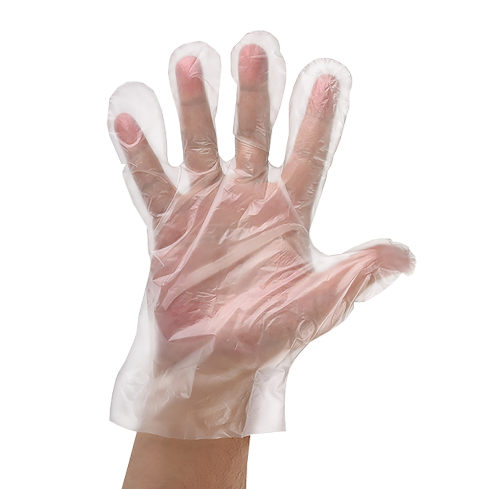 A hand with NITRAS PE disposable gloves from MCD MEDICAL CARE DENTAL GmbH is depicted against a white background. The transparent PE gloves according to EN 1186 appear slightly crinkled and loose as they outline the palm.