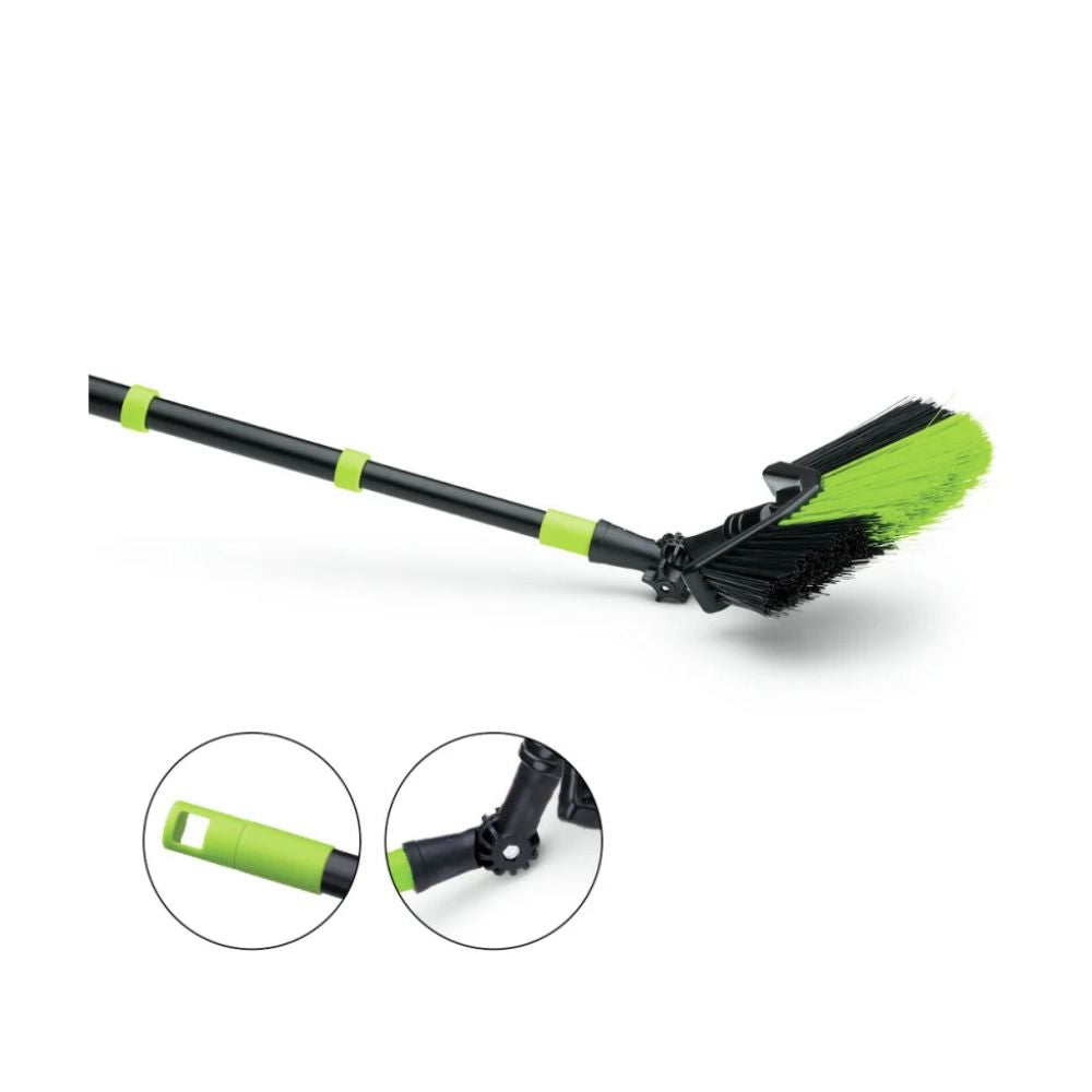 The Nölle Profi Brush triangular broom with telescopic handle 130-330 cm, synthetic (1 piece) from Nölle Profi Brush Brush & Paintbrush Technology e.K., features an angled head, an adjustable joint, and an ergonomic handle in black and green.