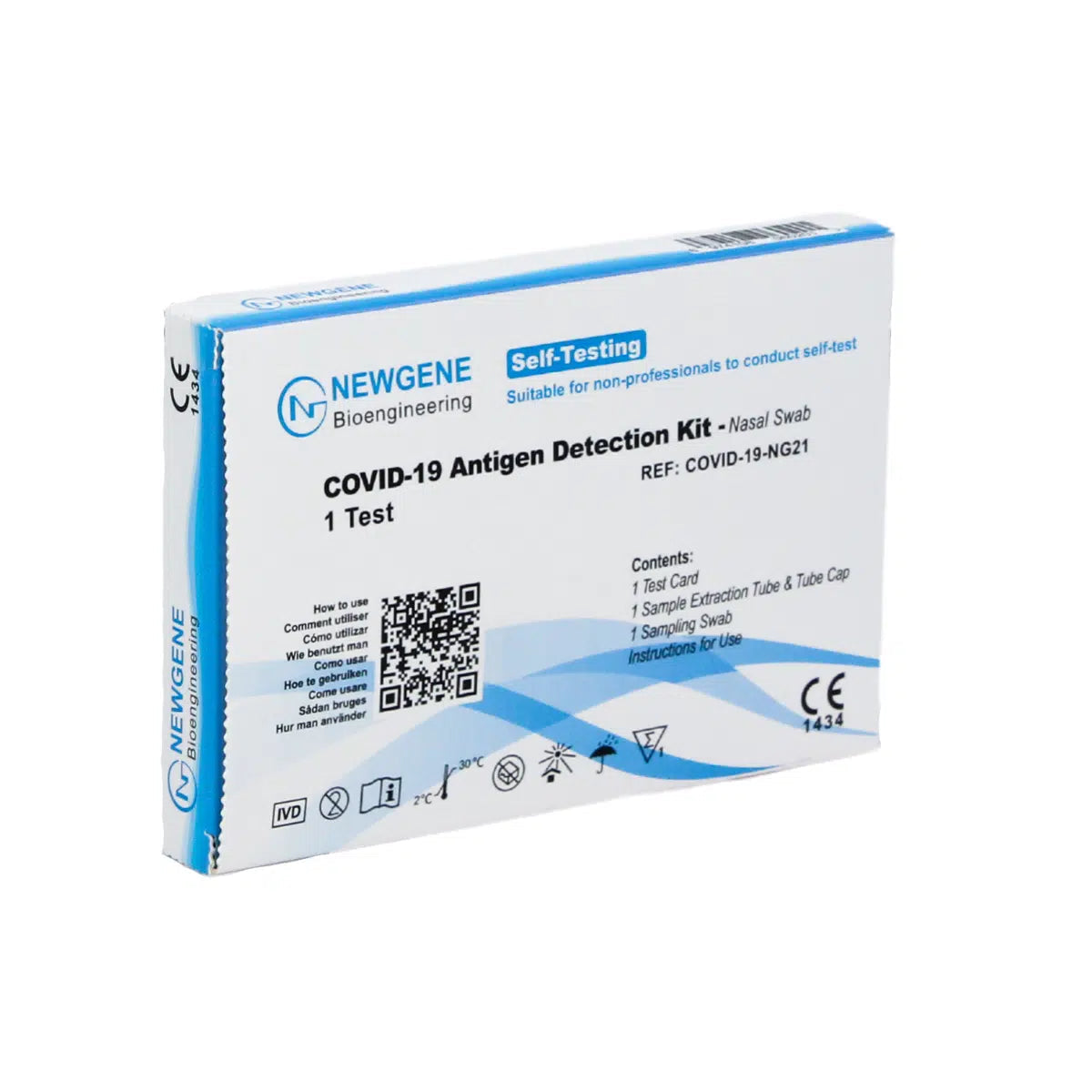 A box of Newgene Covid-19 Antigen Rapid Test CE/1434 for self-testing, with instructions, component list, and QR code on the packaging.