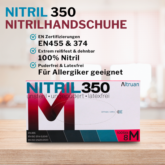 Eine Werbung für Altruan NITRIL350-Einweghandschuhe, die eine geschlossene Schachtel mit Handschuhen mit der Aufschrift „Größe 8m“ zeigt. Der Text hebt hervor, dass die Handschuhe puder- und latexfrei sind.
