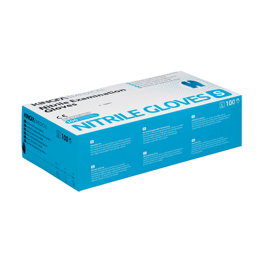 Eine Schachtel mit Nitril-Untersuchungshandschuhen von Kingfa in cyan-weißer Verpackung, die aus 100 % synthetischem Nitril und latexfrei besteht. Die Packung enthält 100 Stück. Es gibt einen Text, der die Produktmerkmale hervorhebt.