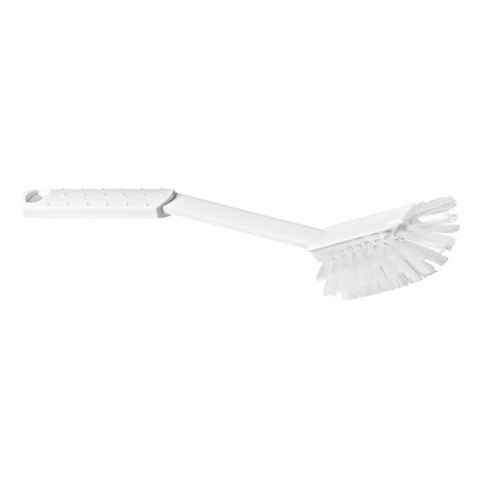 The Nölle Profi Brush HACCP dish brush from Nölle Profi Brush Bürsten- & Pinseltechnik e.K., with 0.25 mm soft bristles and a long handle, lies horizontally on a white surface, ideal for the food industry.