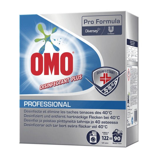 On display is a package of Omo Professional Disinfectant Plus, a disinfectant laundry detergent (8550 g), manufactured by Diversey Deutschland GmbH & Co. OHG. The packaging highlights the product’s effectiveness in removing stubborn stains at 40 °C and features the Unilever and Diversey logos, as well as instructions for use.