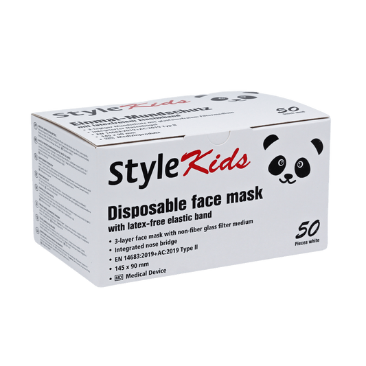 Eine Schachtel Volksmaske Kinder OP-Maske Mund-Nasen-Schutz für Kinder im Panda-Design, mit 50 Stück pro Packung, 3-lagigem Vliesstoff, latexfreien Gummibändern und einem konturierten Nasenbügel.