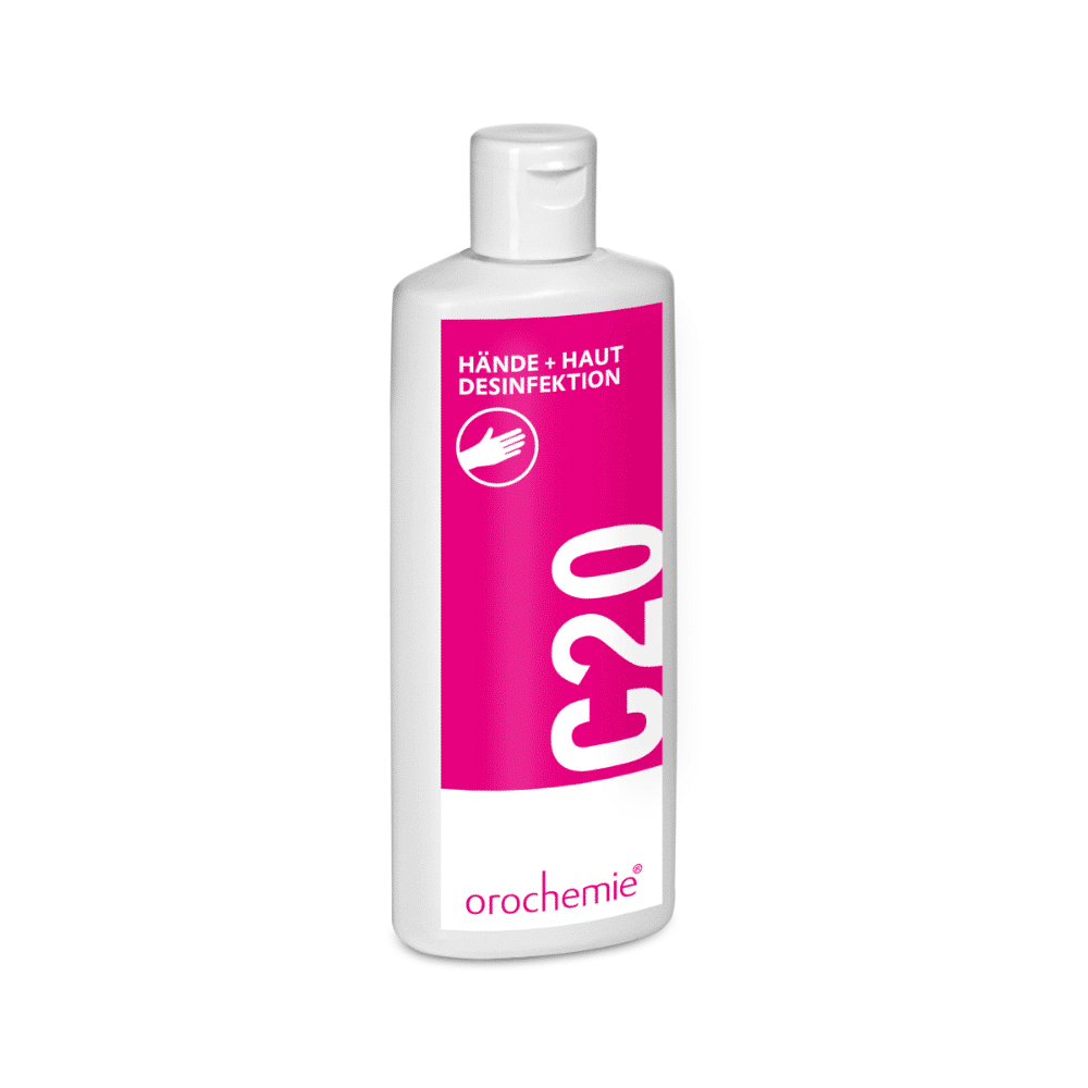 Eine weiße Flasche Orochemie C 20 Hände- & Hautdesinfektionsmittel mit einem leuchtend rosa Etikett mit dem Logo von Orochemie, konzipiert für Hygienezwecke.