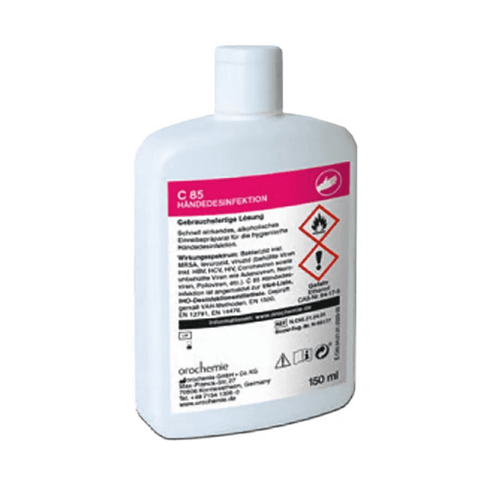 Weiße Kunststoff-Desinfektionsmittelflasche mit der Aufschrift Orochemie C 85 Händedesinfektion, Gebrauchsanweisung, Gefahrensymbolen und einer 500-ml-Füllmenge. Die Marken- und Produktdetails sind in deutscher Sprache.