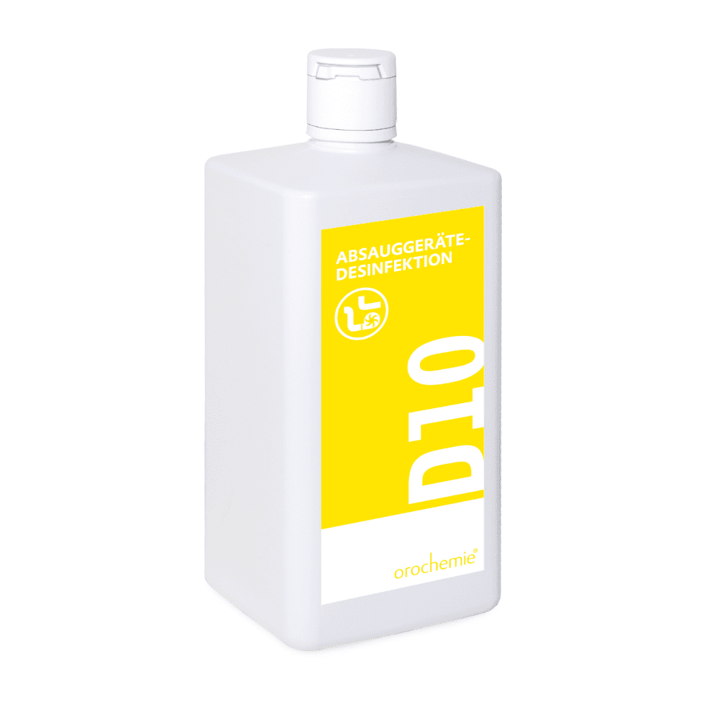 Eine weiße, rechteckige Flasche mit einem leuchtend gelben Etikett mit dem Text „Orochemie D 10 Absauggerätedesinfektion“ und dem Logo von Orochemie. Die Flasche hat eine kleine.