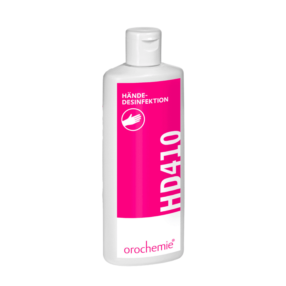 Eine Flasche Händedesinfektionsmittel der Marke Orochemie mit der fettgedruckten Aufschrift „Orochemie HD 410 Händedesinfektion“ in den Farben Rosa und Weiß.