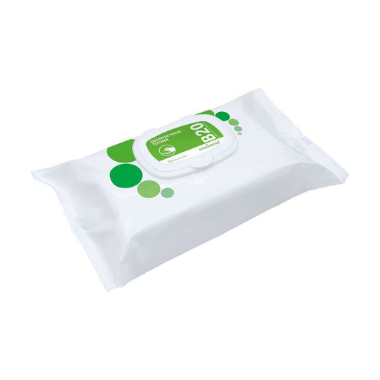 Eine Packung Orochemie B 20 Desinfektionstücher mit einem grün-weißen Etikett, auf dem in Großbuchstaben „frisch“ steht. Die Packung ist rechteckig und leicht aufgebläht, was darauf hinweist, dass sie versiegelt ist.