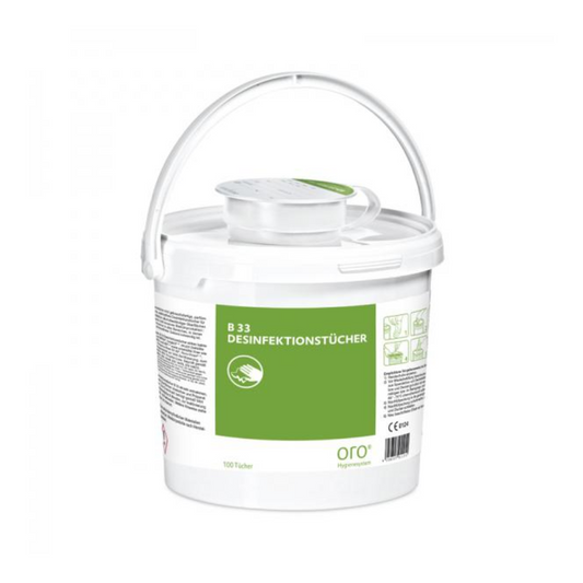 Eine weiße Orochemie Spenderbox aus Kunststoff mit Tragegriff, Aufschrift „Orochemie B 33 Desinfektionstücher“, enthält 100 Desinfektionstücher und ein grün-graues Etikett mit Gebrauchshinweisen.