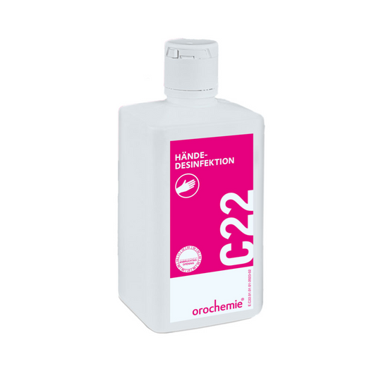 Eine weiß-rosa Flasche Orochemie C 22 Händedesinfektion, versehen mit einem Etikett mit dem Text „alkoholische Handdesinfektionslösung“ und dem Firmenlogo.