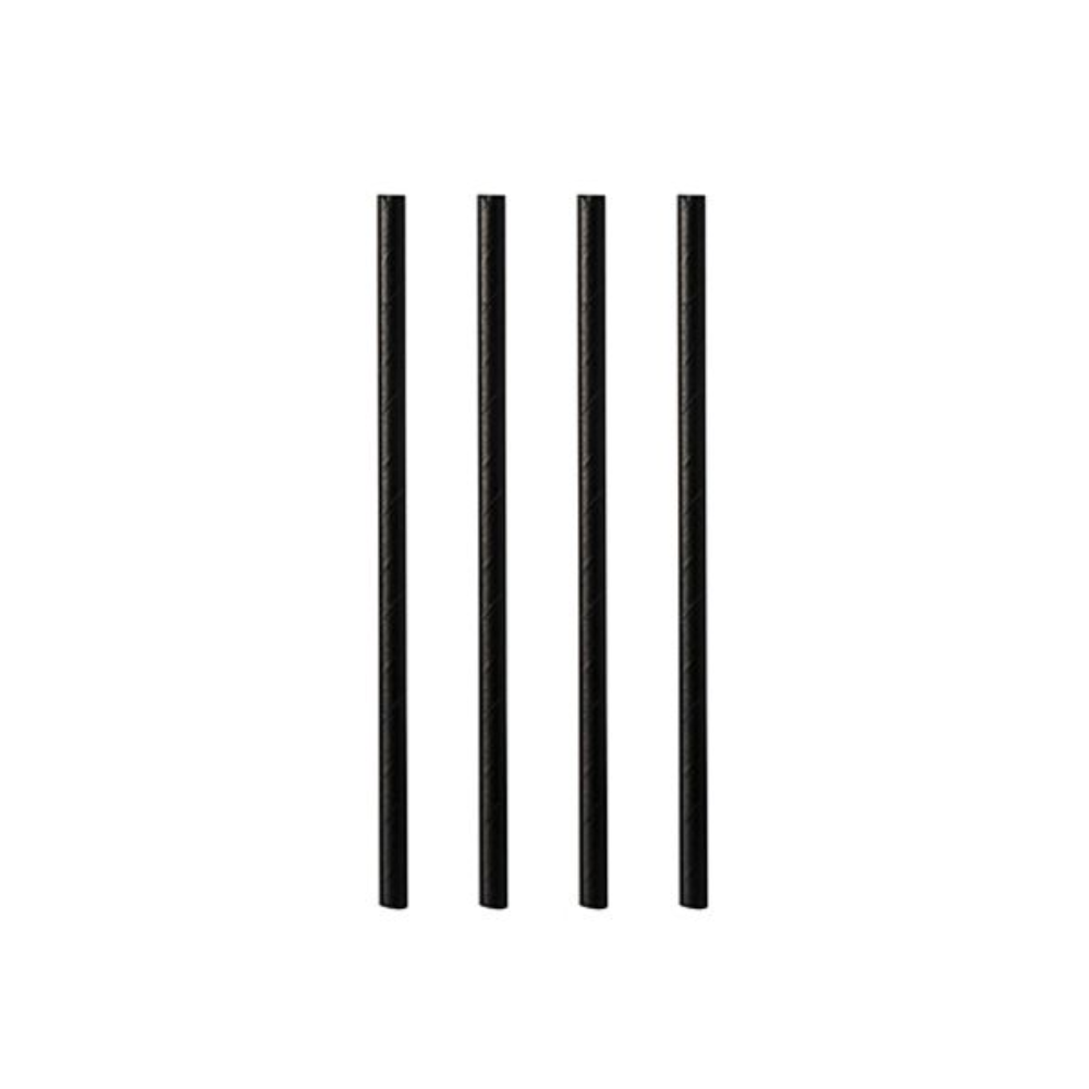 Four black cylindrical rods reminiscent of PAPSTAR 100 shake straws, paper Ø 8 mm from PAPSTAR GmbH, stand upright in a row against a simple white background.