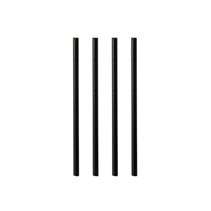Four black cylindrical rods reminiscent of PAPSTAR 100 shake straws, paper Ø 8 mm from PAPSTAR GmbH, stand upright in a row against a simple white background.