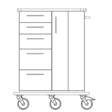 Strichzeichnung des Novocal Pflege- und Arbeitswagens mit Vollkunststofffahrgestell, mit vier linken Schubladen, einem rechten vertikalen Schrank und Griff sowie vier Rollen am Boden. Mit horizontalem Griff auf der rechten Seite. Marke: Novocal.