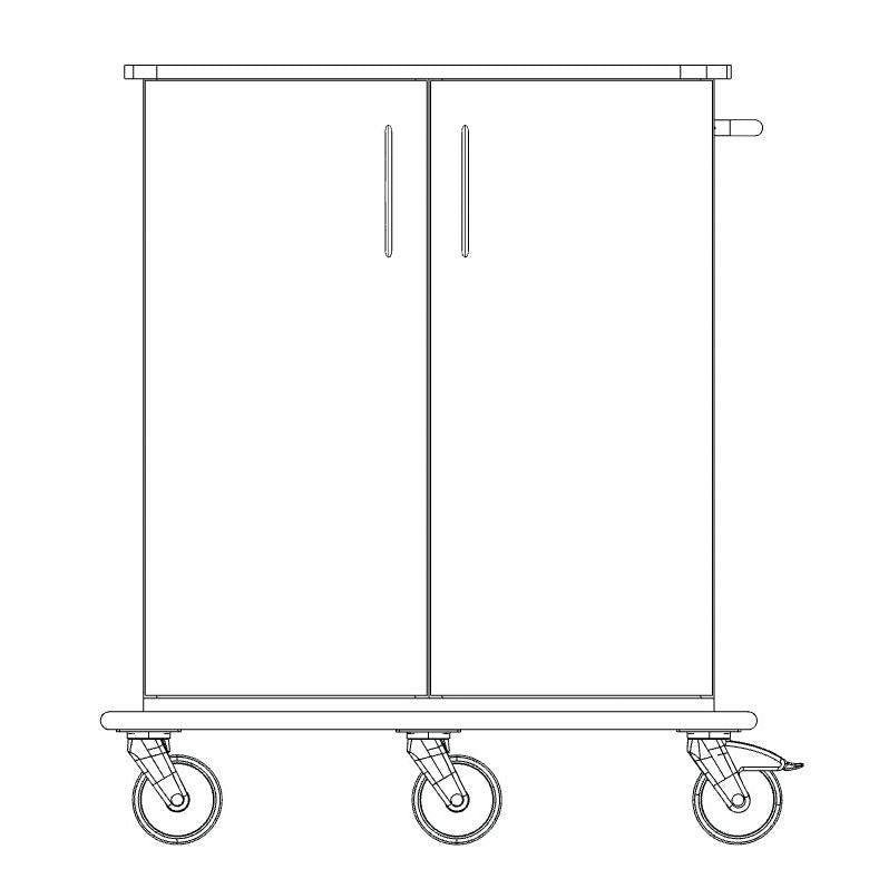 Eine Strichzeichnung des Novocal Pflege- und Arbeitswagen zeigt ein rechteckiges Fahrgestell mit zwei vertikalen Türen, vier Lenkrollen, einem seitlichen Griff und einer durchgehenden Vollkunststoffplatte für Stabilität und leichte Mobilität.