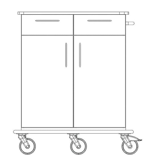 Schwarz-weiße Strichzeichnung des Novocal Pflege- und Arbeitswagens, eines Vollkunststoff-Arbeitswagens mit zwei oberen Schubladen, zwei unteren Türen, rechtsseitigem Griff und vier großen Rollen. Marke: Novocal. Packung: 1 Stück.