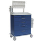 Ein blauer Novocal Anästhesiewagen mit fünf Schubladen, weißer Tischplatte und Rollen. Enthält einen durchsichtigen Organizer mit Fächern und einen seitlich montierten Abfalleimer - perfekt als Anästhesieeinheit in klinischen Einrichtungen.