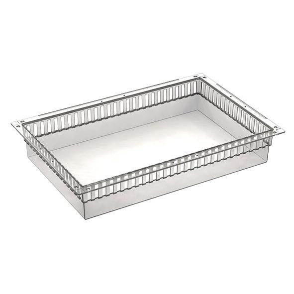 A 3D rendering shows the Novocal PC module transparently divisible (600 x 400 x 100 mm), a rectangular tray with ventilated tops, an open top, flat bottom, straight edges, and evenly distributed rectangular slots. Includes pull-out stops. Packaging (1 piece).