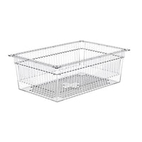 The Novocal transparent, divisible PC basket (600 x 40 mm) with a perforated bottom and pull-out stops provides optimal ventilation and drainage—ideal for storing PC accessories. 1 piece per package.
