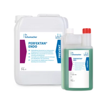 Abgebildet sind zwei Gebinde von Dr. Schumacher PERFEKTAN® NEU der Dr. Schumacher GmbH: ein weißes 5L und ein klares 1L mit grüner Flüssigkeit, ideal für die Flächendesinfektion in hygienischen Bereichen. Beide Etiketten sind in deutscher Sprache.