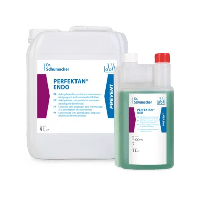 The image shows two containers of Dr. Schumacher PERFEKTAN® NEU from Dr. Schumacher GmbH: a white 5L container and a clear 1L container filled with green liquid, ideal for surface disinfection in hygienic areas. Both labels are in German.