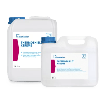 Zwei weiße Kunststoffbehälter von Dr. Schumacher THERMOSHIELD® XTREME by Dr. Schumacher GmbH, ein 10L- und ein 5L-Behälter, sind nebeneinander abgebildet, mit blauen Kappen und Etiketten, die den Produktnamen und Angaben zum Oberflächenschutz enthalten.