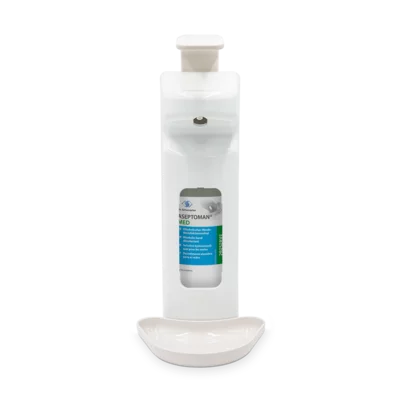The Dr. Schumacher wall dispenser SPE 500 (500 ml) from Dr. Schumacher GmbH is a white, automatic wall dispenser with a visible bottle and a drip tray at the bottom.