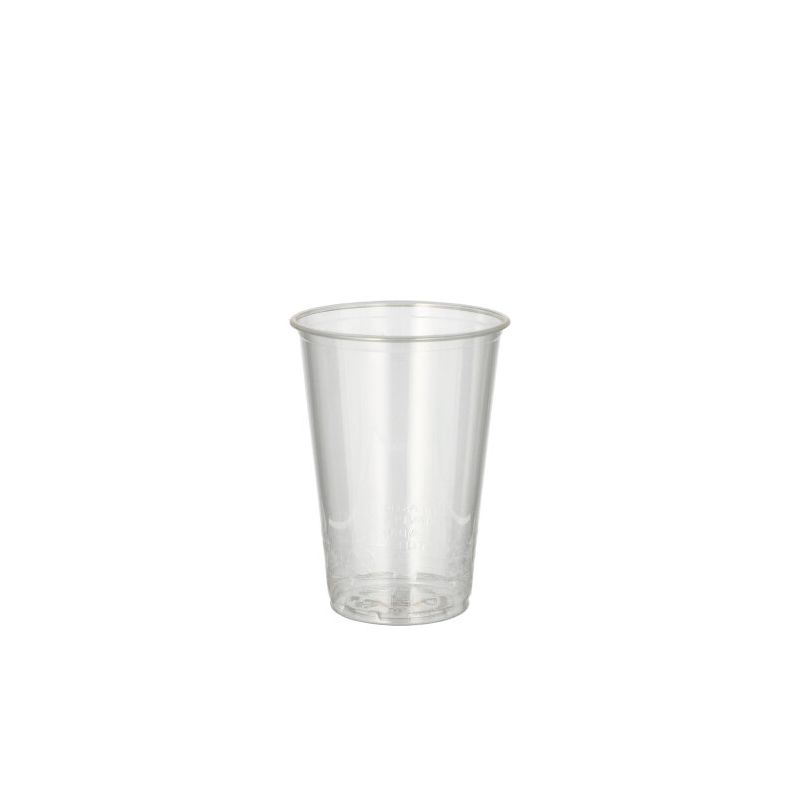 Der Kaltgetränkebecher „pure“ PLA 0,2 l glasklar der PAPSTAR GmbH mit seinem minimalistischen und schlichten zylindrischen Design wird vor einem schlichten weißen Hintergrund präsentiert, um sein umweltfreundliches Potenzial hervorzuheben.