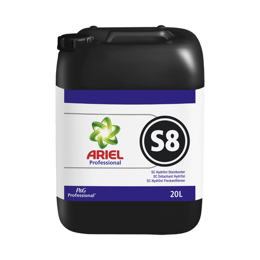 Ein 20-Liter-Behälter mit P&G Professional Ariel S8 SC HydOxi Fleckentferner-Waschmittel, versehen mit einem weißen und violetten Etikett mit den Logos von Dr. Schnell und P&G Professional.