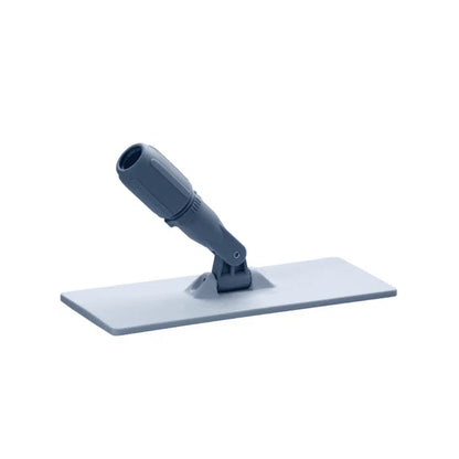 The Vileda Pad Holder—Padboy and Padmaster—is a gray cleaning tool from Vileda GmbH that features a flat, rectangular base and a swivel handle attachment for connecting to a pole. It is perfect for efficient floor care and effortless scrubbing of surfaces, and as an indispensable cleaning tool, it ensures that every corner shines spotlessly.