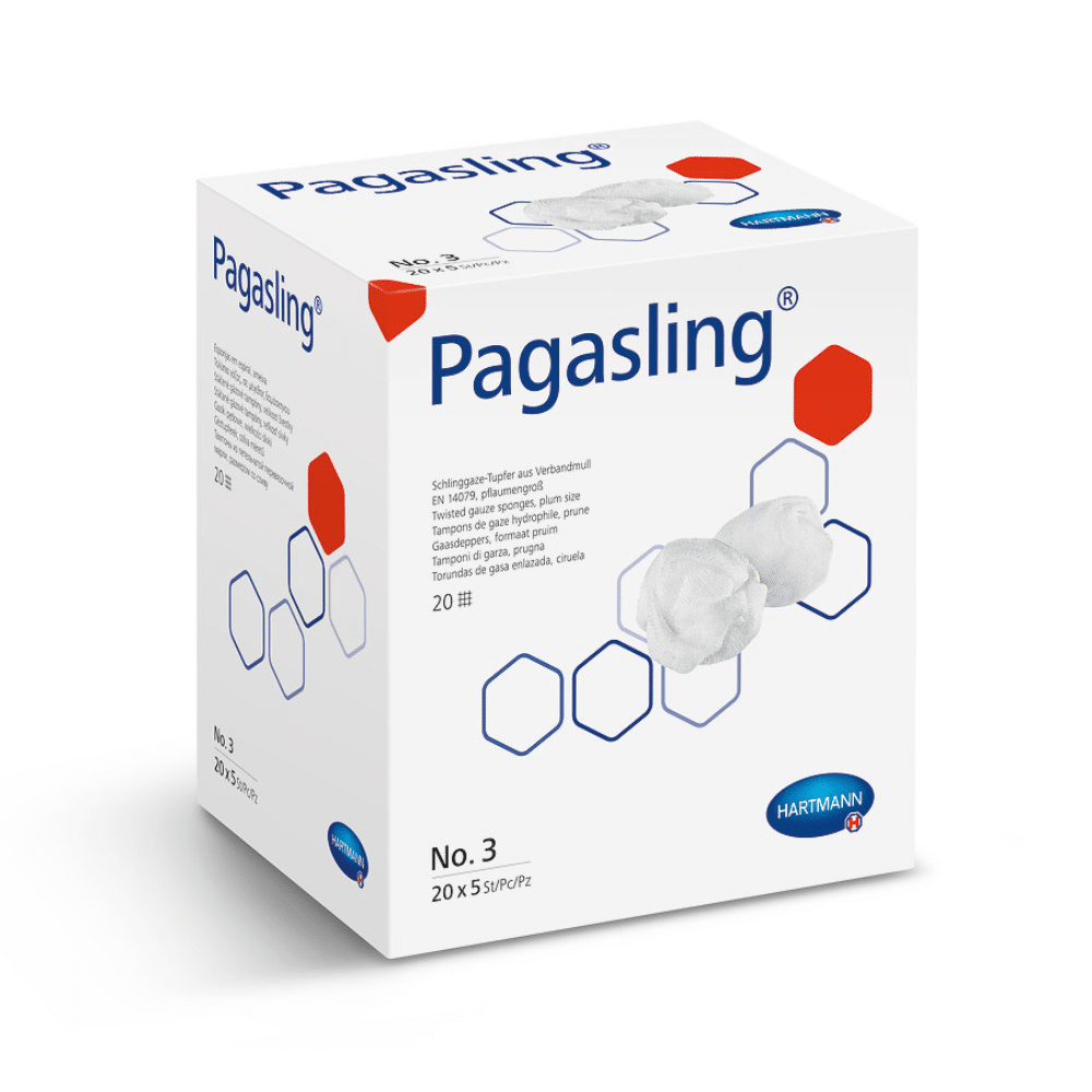 A 3D rendering of a white brand box of Paul Hartmann AG with product information and images of Hartmann Pagasling® gauze swabs, size 3 – sterile and non-sterile medical gauze, with blue hexagonal designs and text.