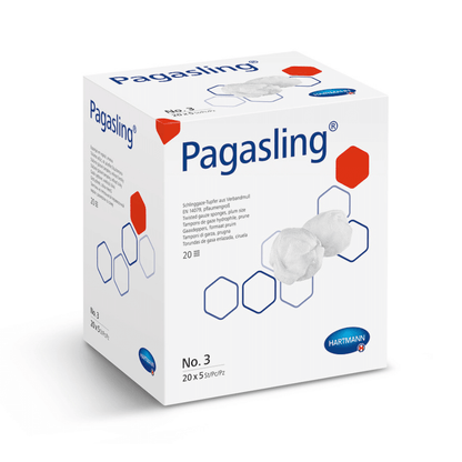 A 3D rendering of a white brand box of Paul Hartmann AG with product information and images of Hartmann Pagasling® gauze swabs, size 3 – sterile and non-sterile medical gauze, with blue hexagonal designs and text.