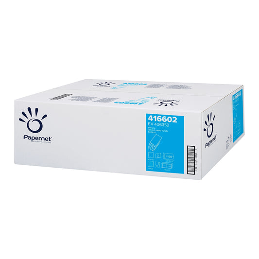 Eine rechteckige Papernet-Box mit 2-lagigen Taschentüchern, versiegelt und beschriftet mit Produktcodes und Recyclinginformationen, auf weißem Hintergrund.