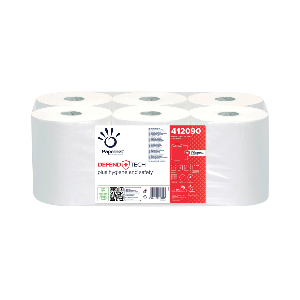 A six-pack Papernet Autocut towel rolls measuring 140 meters x 19.8 cm is packaged in transparent film. The label reads "Sofidel Germany GmbH" and the product code 412090. Antibacterial QR codes and safety symbols on the packaging ensure the highest hygiene.