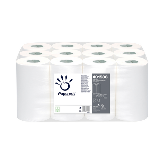 Packung mit zwölf Papernet Centrefeed Handtuchrollen Toilettenpapierrollen, jede Rolle einzeln verpackt für hygienische Handhabung. Die Verpackung zeigt die Marke „Papernet“ und enthält den Produktcode „401588“.