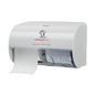 A white Papernet The Dual Topa small-roll dispenser from Sofidel Germany GmbH is made of antibacterial plastic. It features the brand logo and the words “Defend Tech Technology” on the front, with a roll of toilet paper partially extending from the slot.