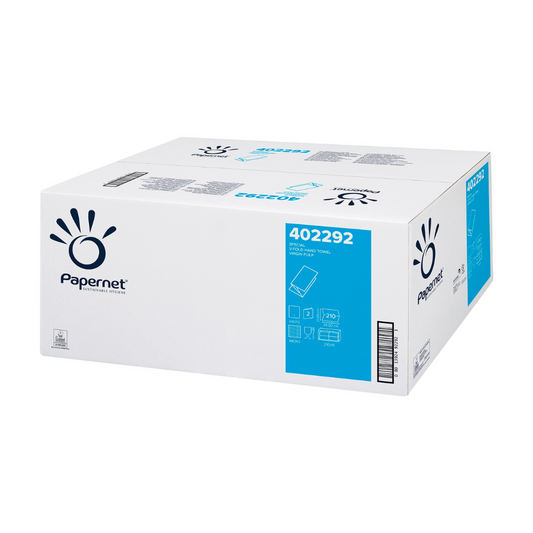 Eine versiegelte rechteckige Schachtel Hygienepapier der Marke Papernet Falthandtuch 402292 mit deutlich sichtbarer Modellnummer und blauem Markendesign an den Seiten.