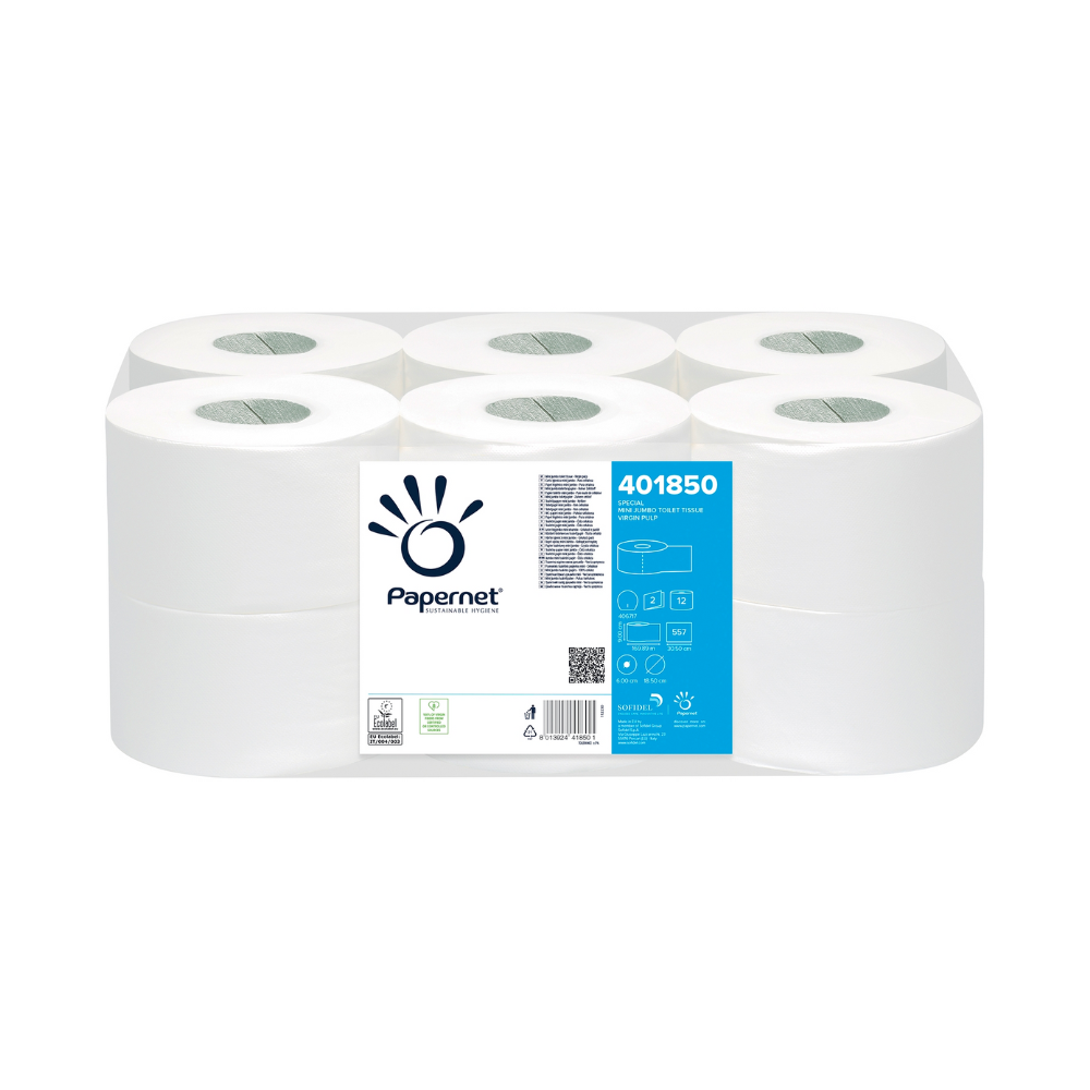 A pack of twelve Papernet Mini Jumbo toilet paper rolls, labeled with the brand name "Sofidel Germany GmbH" and product information on a blue background, is packaged in transparent plastic. The label highlights the cellulose material for additional softness and durability.