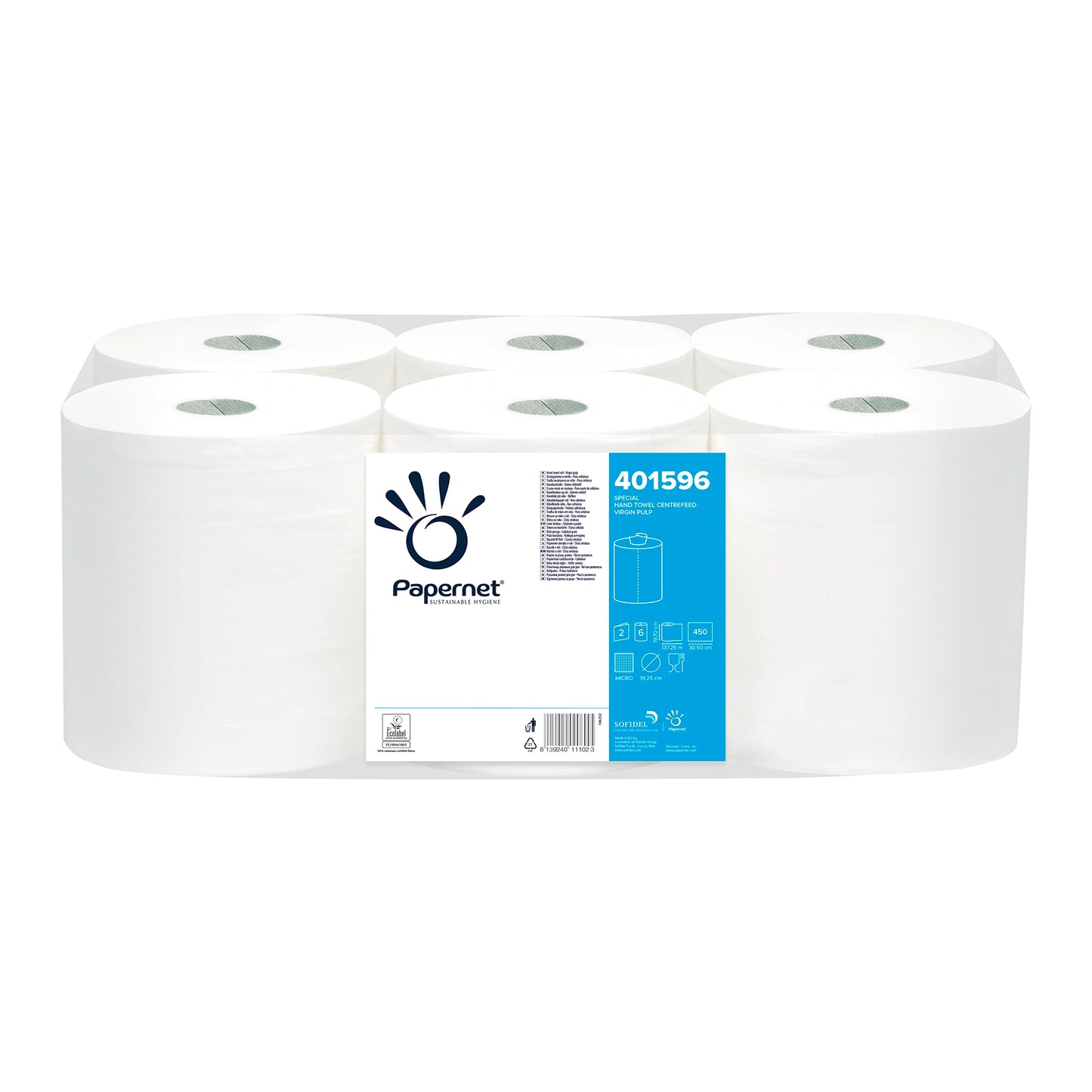 The packaging of Sofidel Germany GmbH includes six white paper towel rolls with a blue label that reads "Papernet Rollenhandtuch Special 401596". The label contains images and product details and emphasizes the towel roll design and the pulp quality for excellent absorbency.