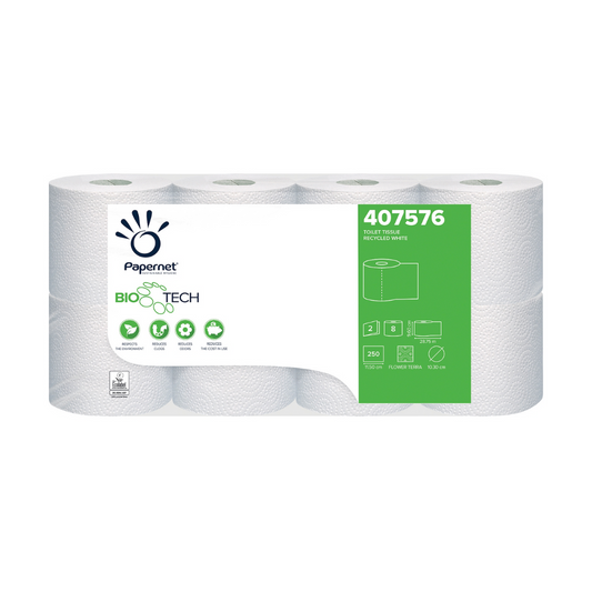 Eine Packung mit sechs weißen Papernet Biotech-Toilettenpapierrollen, in einer grün-weißen Verpackung mit Produktinformationen und Markenzeichen, unter Verwendung der Papernet Toilettenpapier-Technologie mit Bio Tech Technologie.
