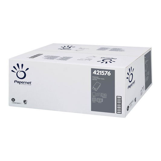 Ein rechteckiger weißer Karton mit der Marke Papernet und dem Produktcode 421576. Der Karton zeigt das Recycling-Logo und verfügt über einfache Grafiken, die den Verpackungsinhalt der Papernet V-Falz Papierhandtücher angeben.