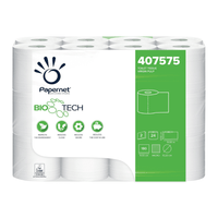 A pack of 24 Papernet 407575 Toilet paper rolls with Bio Tech from Sofidel Germany GmbH feature an eco-friendly design and germ reduction. Each roll measures 18 cm x 20 m and incorporates Biologic-Active-Tissue-Paper technology for a sustainable experience.